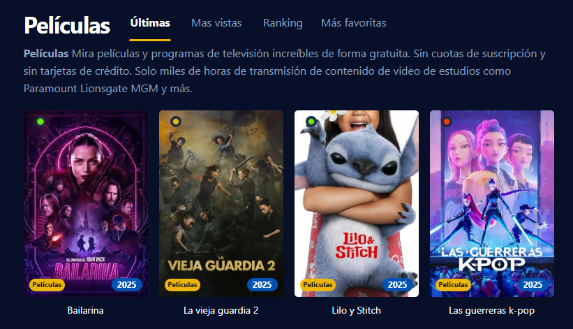 Captura de pantalla de la interfaz de usuario de Pelisflix mostrando una variedad de películas y series con un diseño retro.